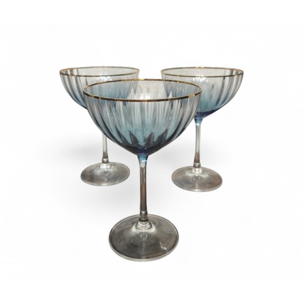 Anthropologie 24K‎ Gold Rimmed Blue Fluted Coupe Glasses Made in Czech Republic